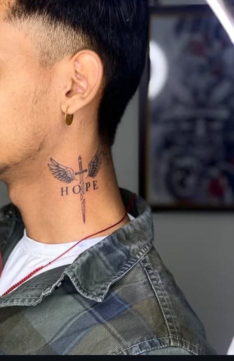 Winged Sword Hope Neck Tattoo for Men