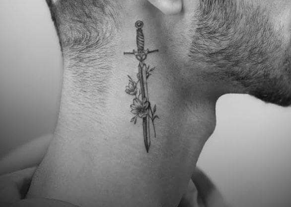 Sword and Flower Neck Tattoo for Men