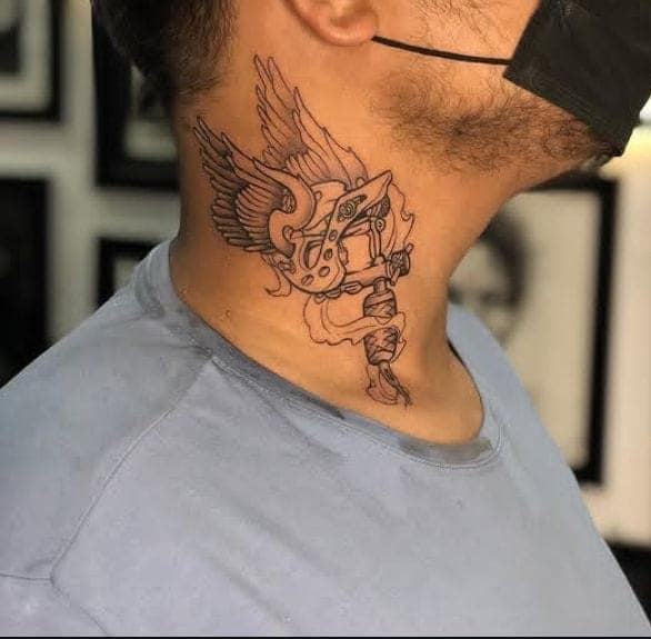 Winged Cherub Neck Tattoo for Men