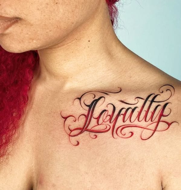 Red and Black Ombre Loyalty Collarbone Tattoo