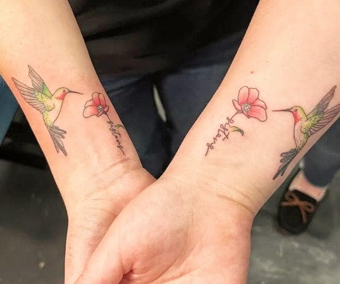 Hummingbird and Flower Connection Sister Tattoo Ideas