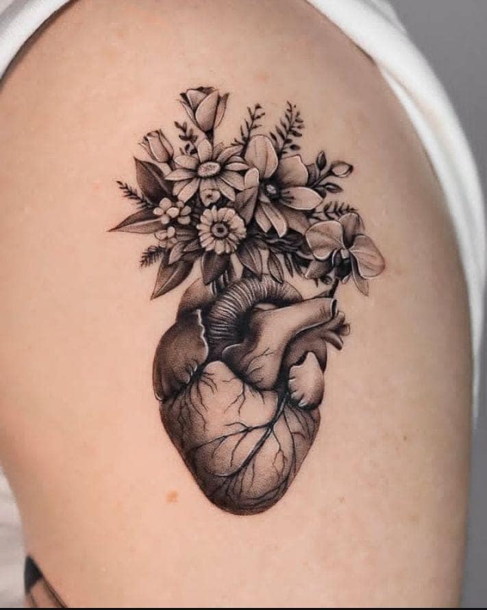 Blooming Anatomical Heart Tattoo