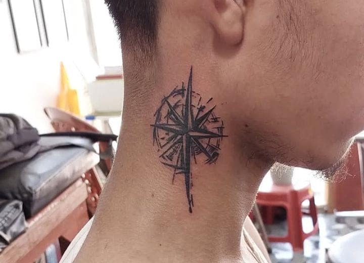 Sketch-Style Compass Neck Tattoo for Men