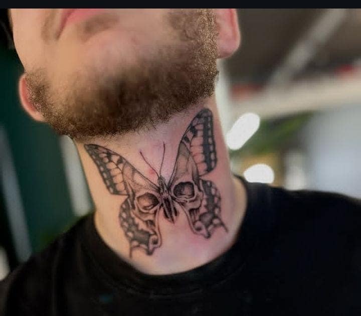 Skull Butterfly Neck Tattoo for Men
