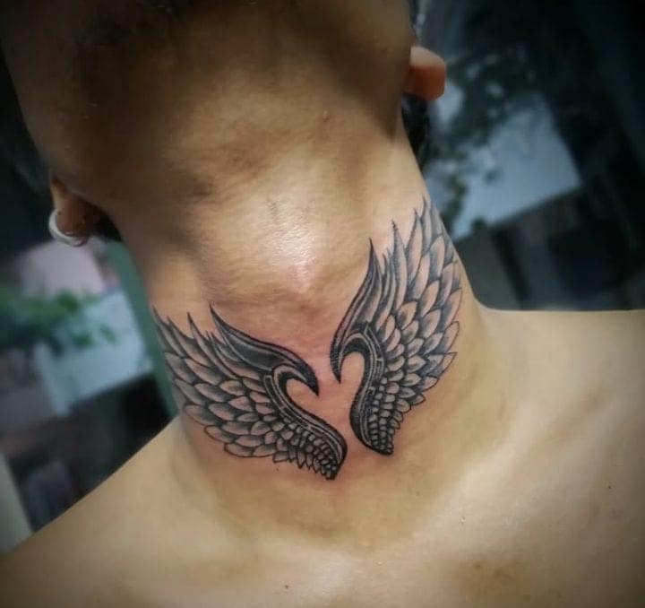 Angel Wings Throat Tattoo for Men