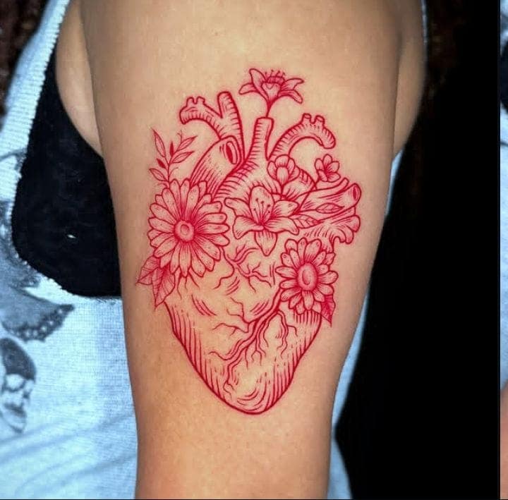 Red Anatomical Heart and Flowers Tattoo