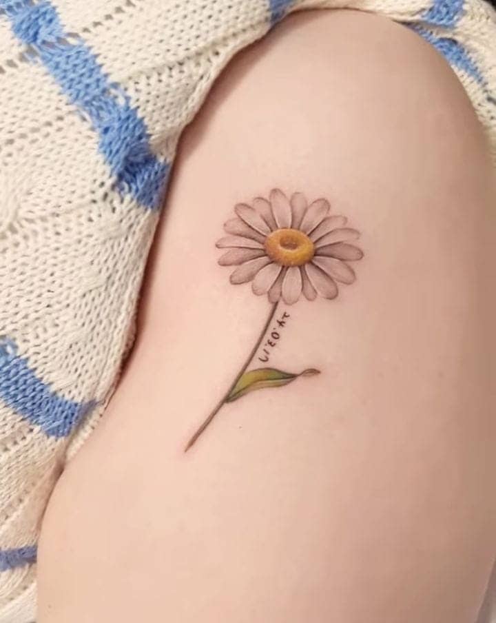 Colorful Daisy Thigh Tattoo 