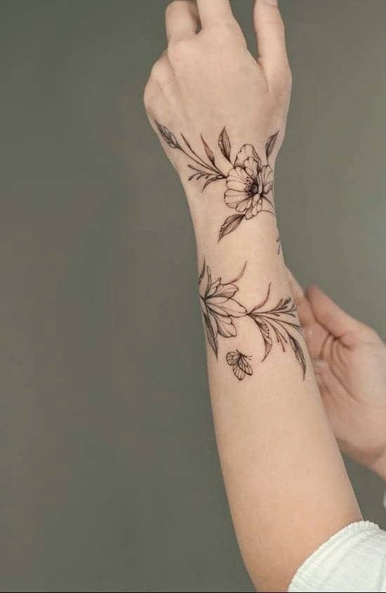 Floral Compass Wrist Tattoo 
