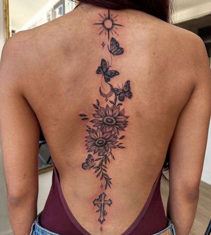 Celestial Sunflower Spine Tattoo
