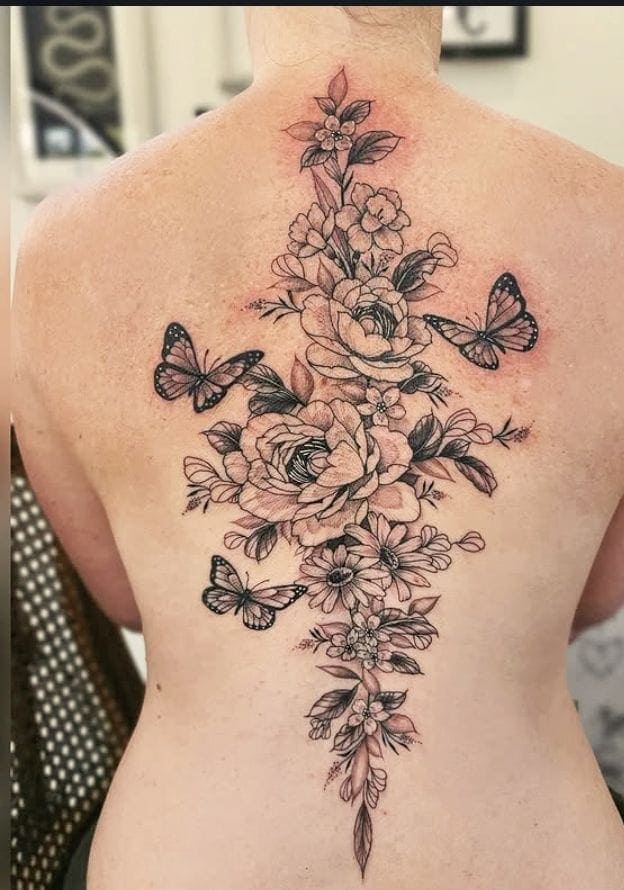 Floral and Butterfly Spine Tattoo