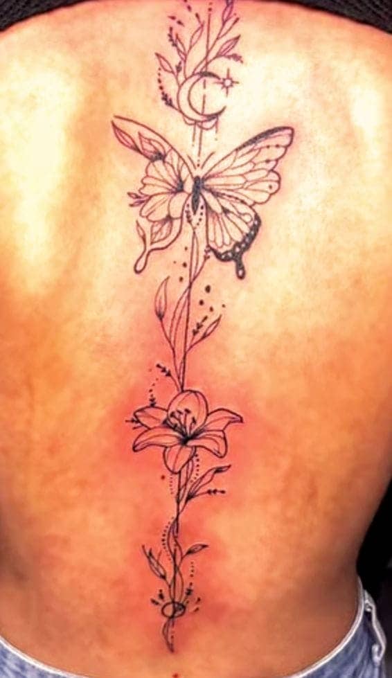 Butterfly Flower and Moon Spine Tattoo