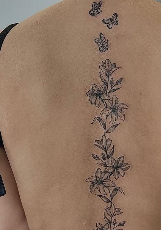 Butterfly Lily Stem Spine Tattoo
