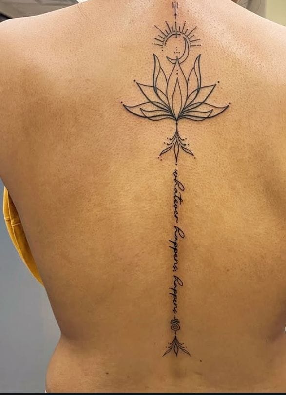 Cherry Blossom Spine Tattoo with Sun Element