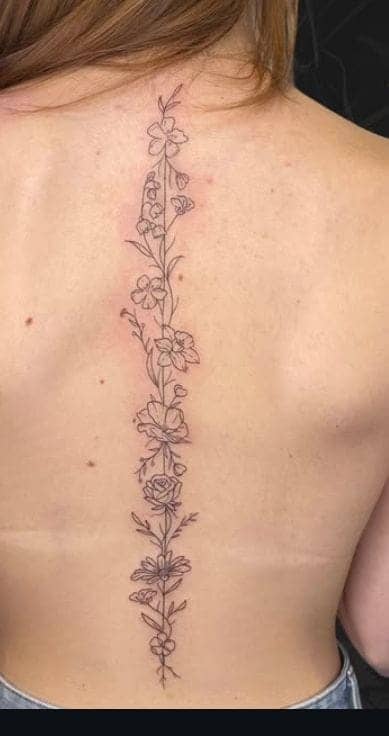 Mixed Botanical Birth Month Flowers Spine Tattoo