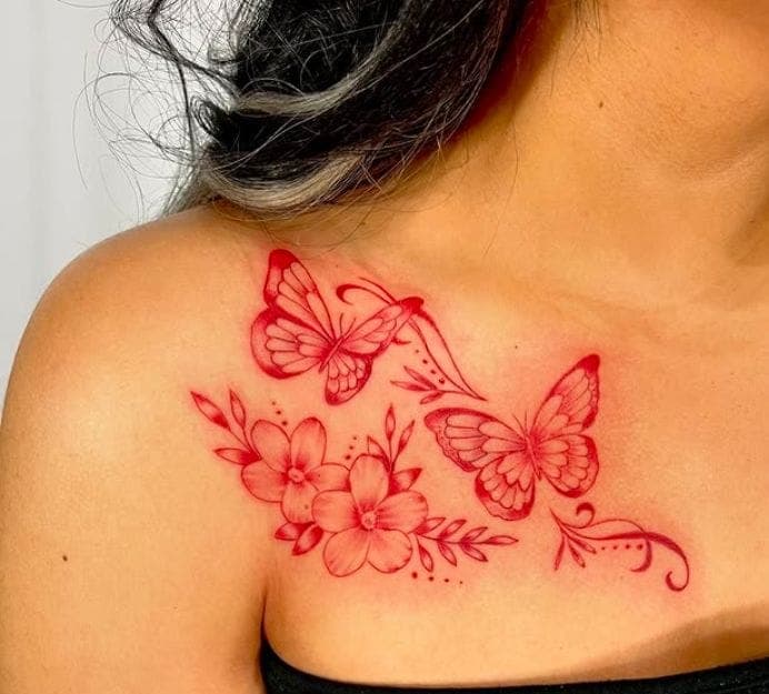 Red Butterflies and Flowers Shoulder Tattoo
